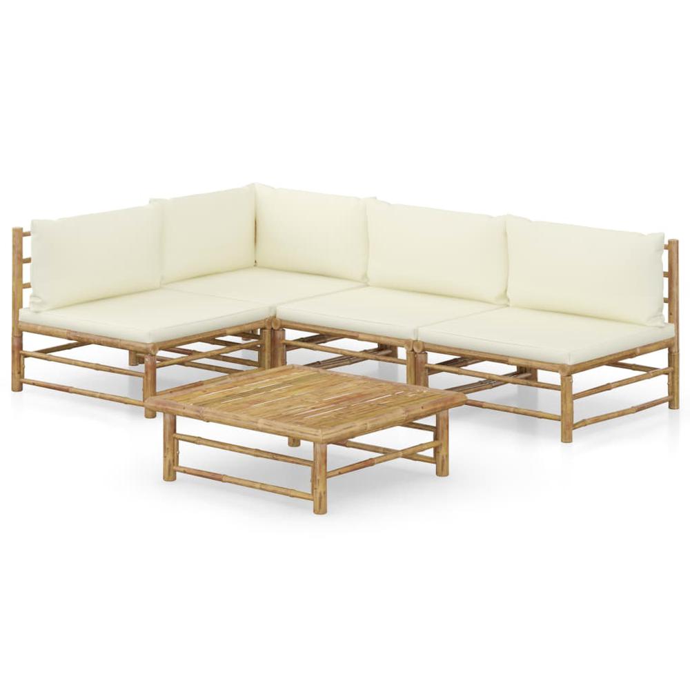 vidaXL 5 Piece Garden Lounge Set with Cream White Cushions Bamboo 8241. Picture 1
