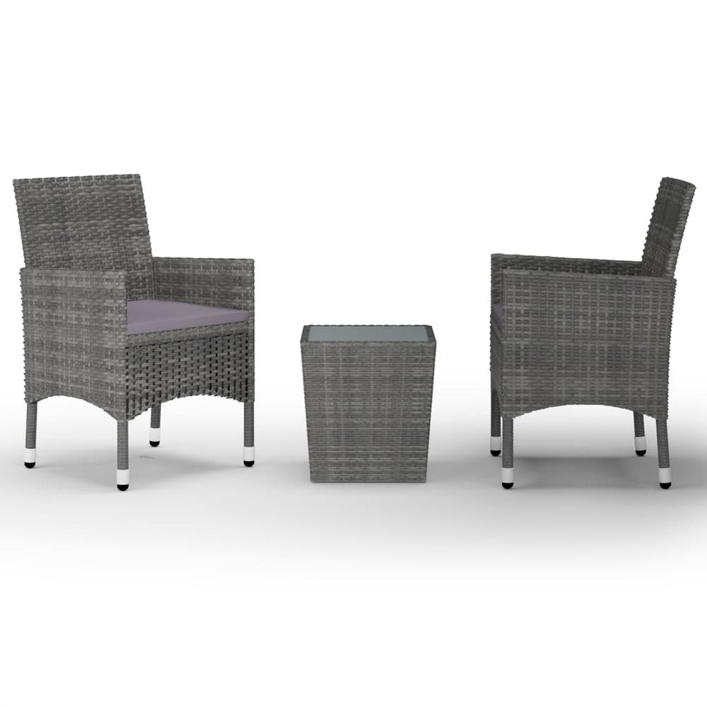 vidaXL 3 Piece Bistro Set Poly Rattan and Tempered Glass Gray 8359. Picture 1