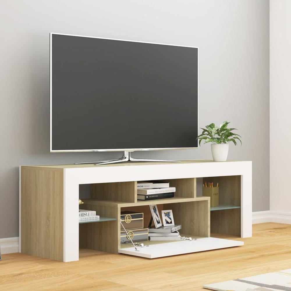 vidaXL TV Cabinet with LED Lights White and Sonoma Oak 47.2"x13.8"x15.7", 804351. Picture 7