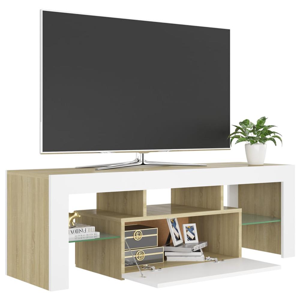 vidaXL TV Cabinet with LED Lights White and Sonoma Oak 47.2"x13.8"x15.7", 804351. Picture 8