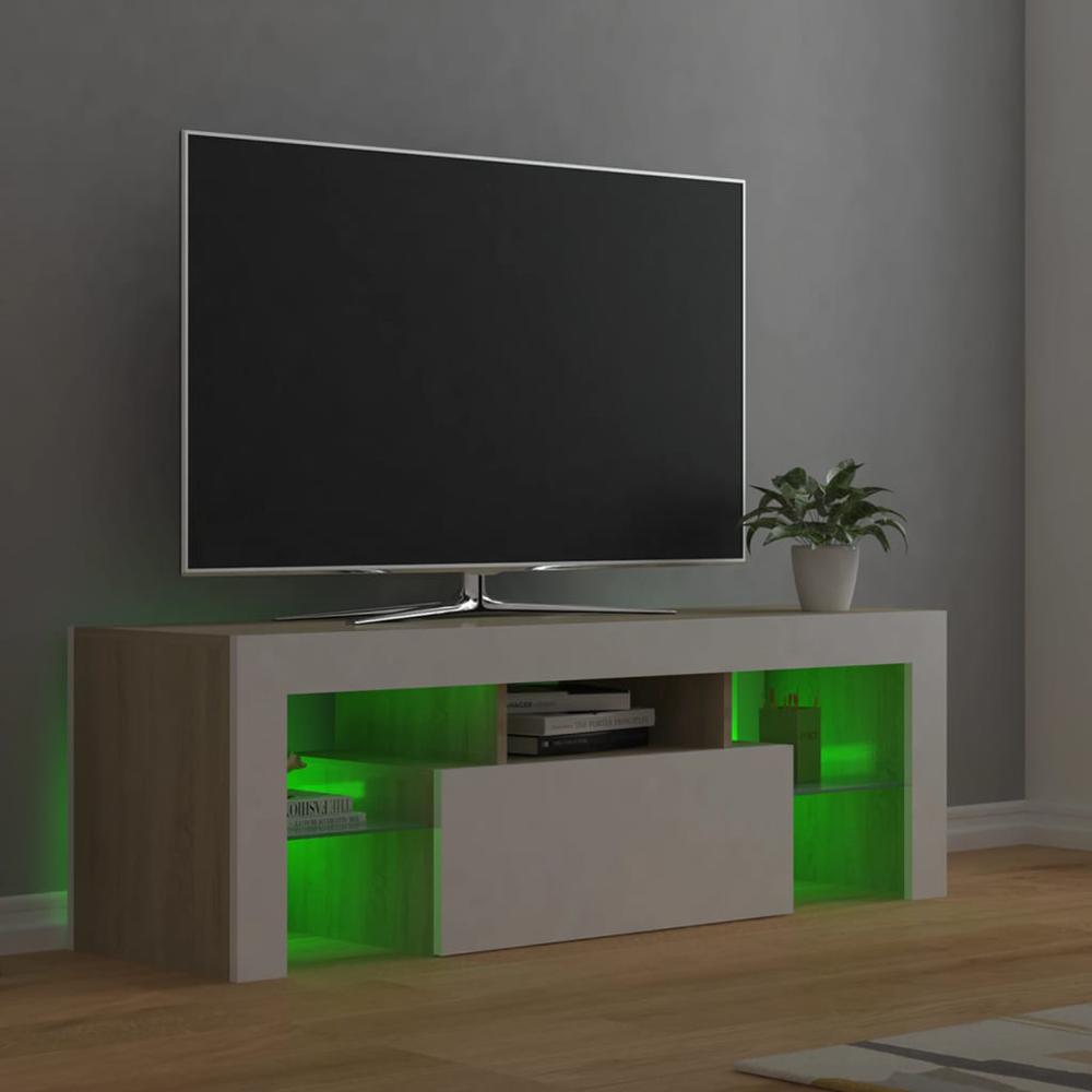 vidaXL TV Cabinet with LED Lights White and Sonoma Oak 47.2"x13.8"x15.7", 804351. Picture 10