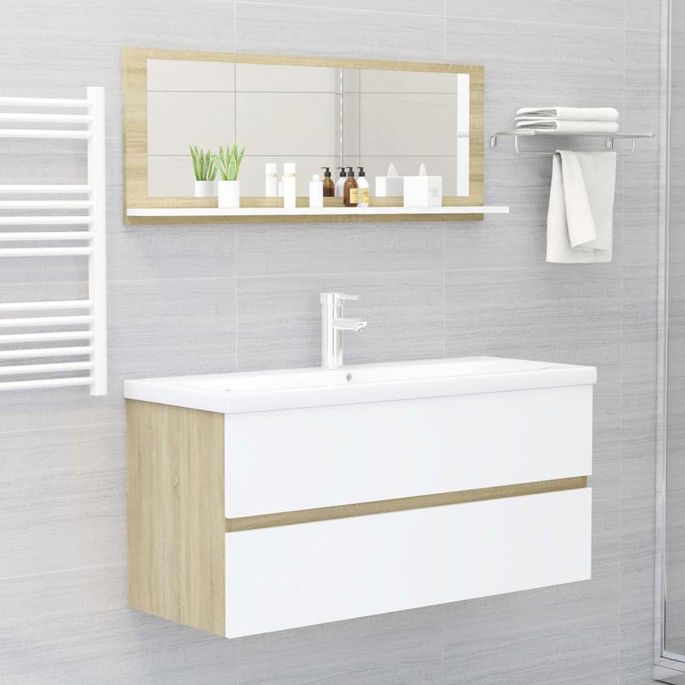 vidaXL Bathroom Mirror White and Sonoma Oak 39.4"x4.1"x14.6" Chipboard, 804594. Picture 4