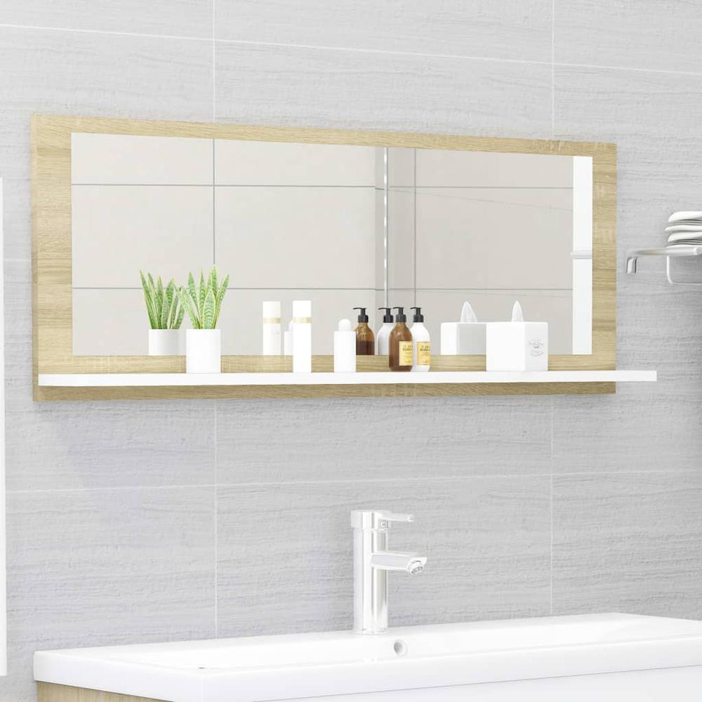 vidaXL Bathroom Mirror White and Sonoma Oak 39.4"x4.1"x14.6" Chipboard, 804594. Picture 1