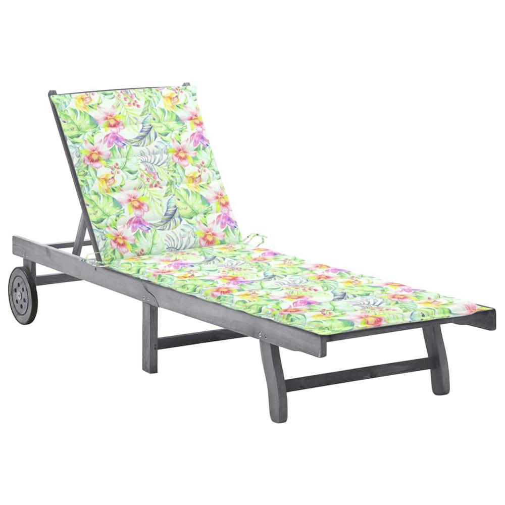 Patio Sun Lounger with Cushion Gray Solid Acacia Wood. Picture 7