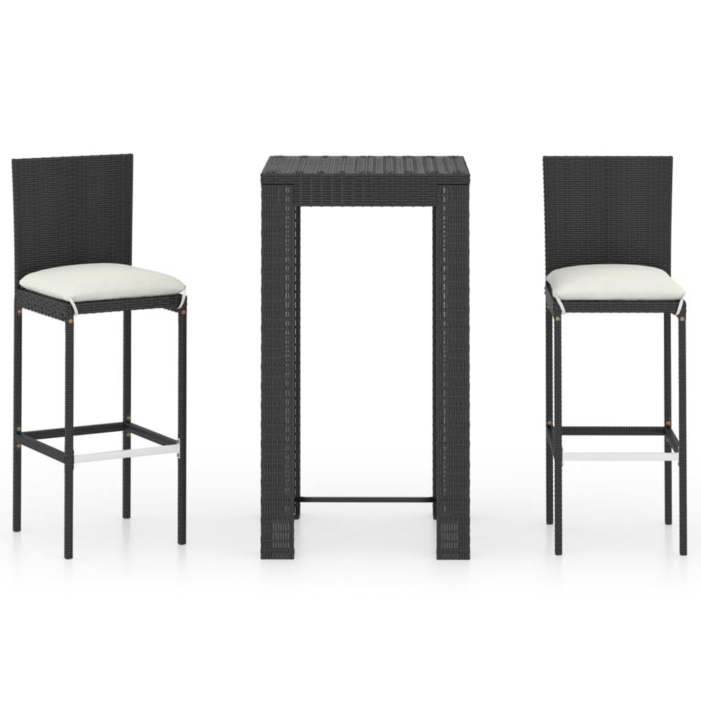vidaXL 3 Piece Outdoor Bar Set with Cushions Poly Rattan Black 4792. Picture 1