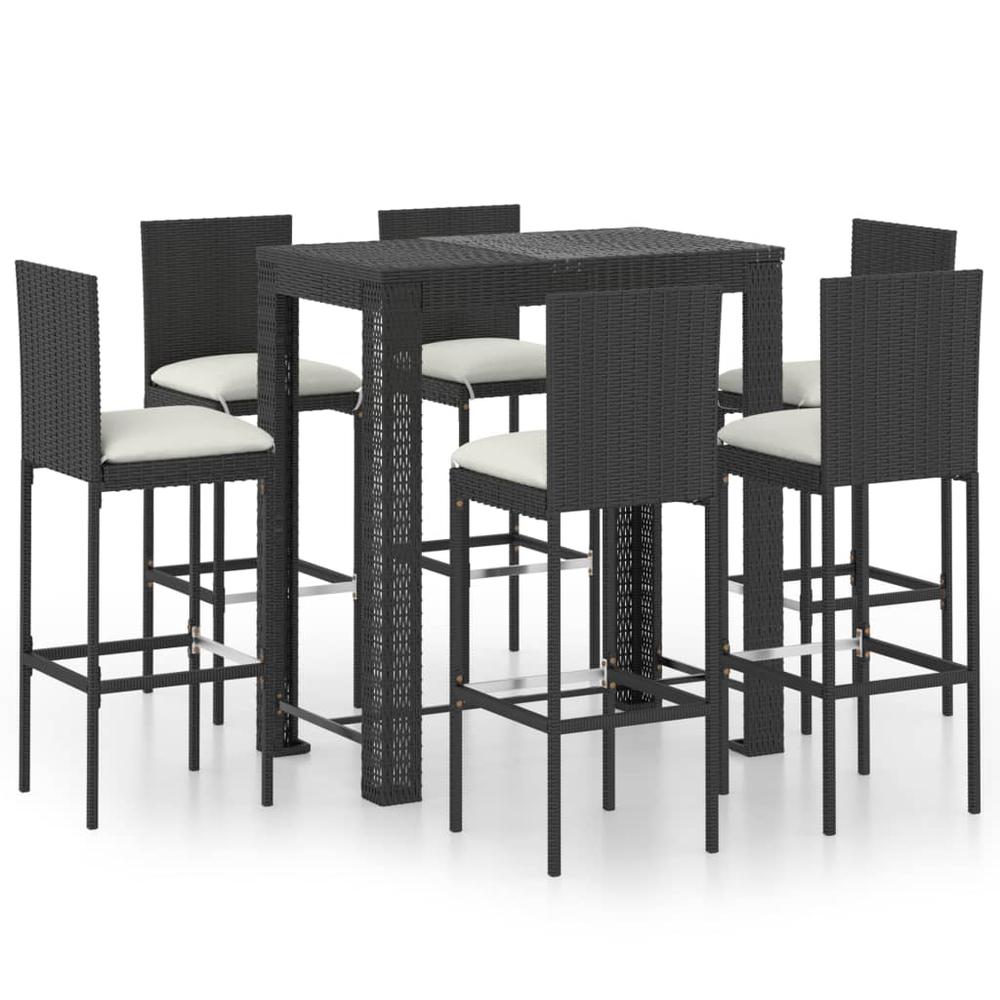 vidaXL 7 Piece Outdoor Bar Set with Cushions Poly Rattan Black 4798. Picture 1