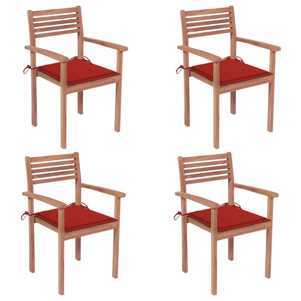 Patio Chairs 4 pcs with Red Cushions Solid Teak Wood. Picture 12