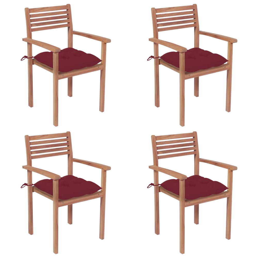 Patio Chairs 4 pcs with Wine Red Cushions Solid Teak Wood. Picture 12
