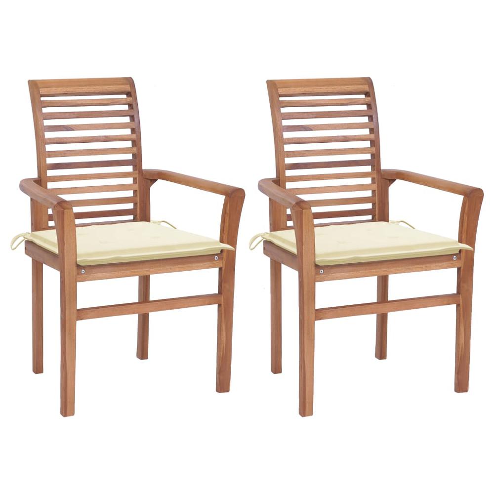 Dining Chairs 2 pcs with Cream Cushions Solid Teak Wood. Picture 12