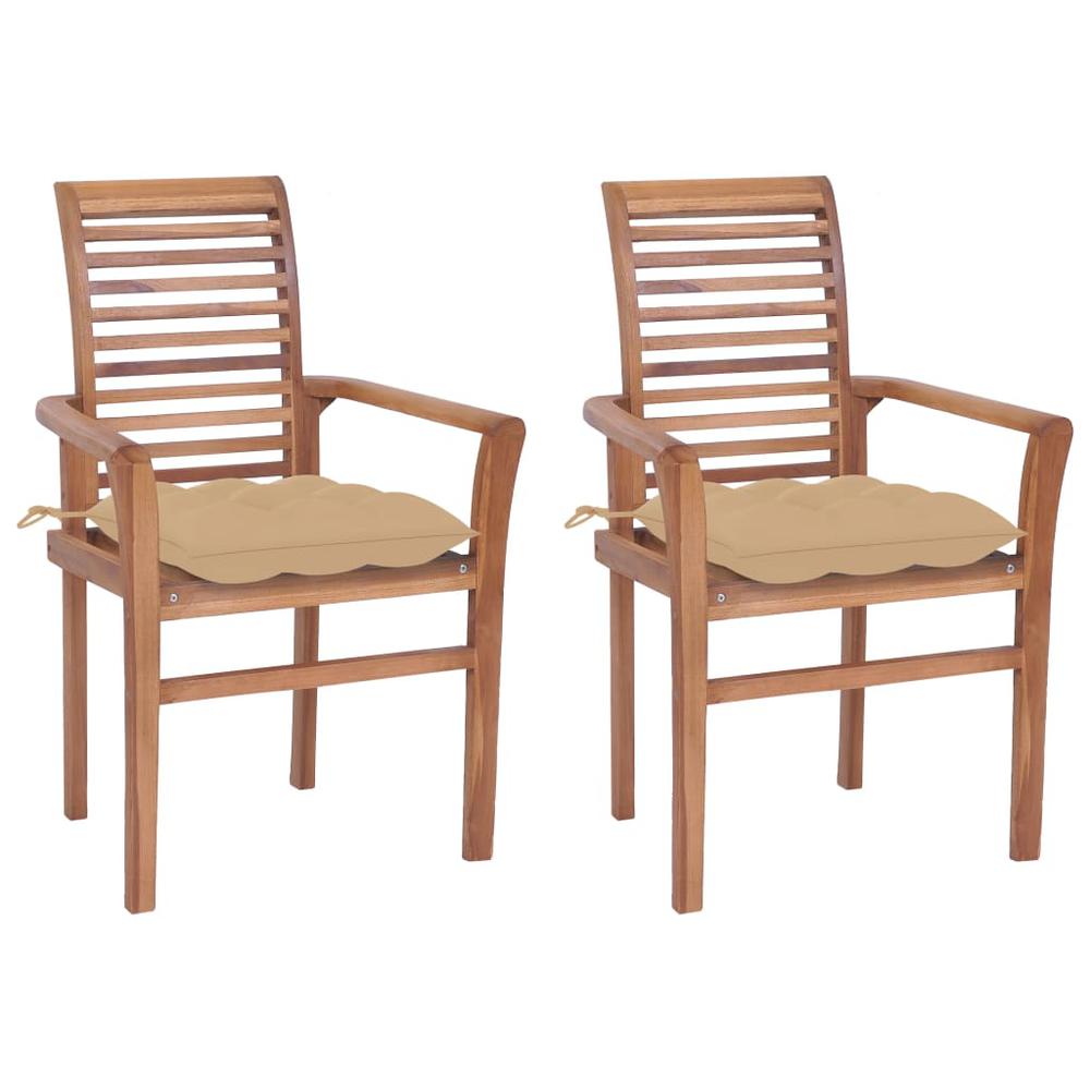 Dining Chairs 2 pcs with Beige Cushions Solid Teak Wood. Picture 12