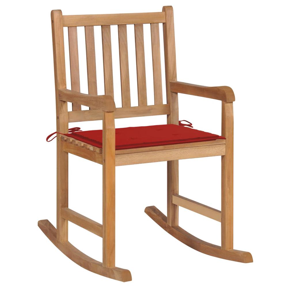 vidaXL Rocking Chair with Red Cushion Solid Teak Wood 2763. Picture 1