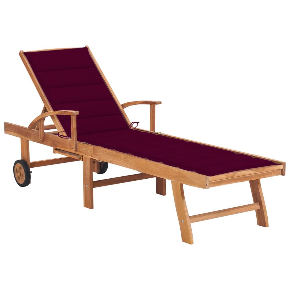 Sun Lounger with Wine Red Cushion Solid Teak Wood. Picture 12