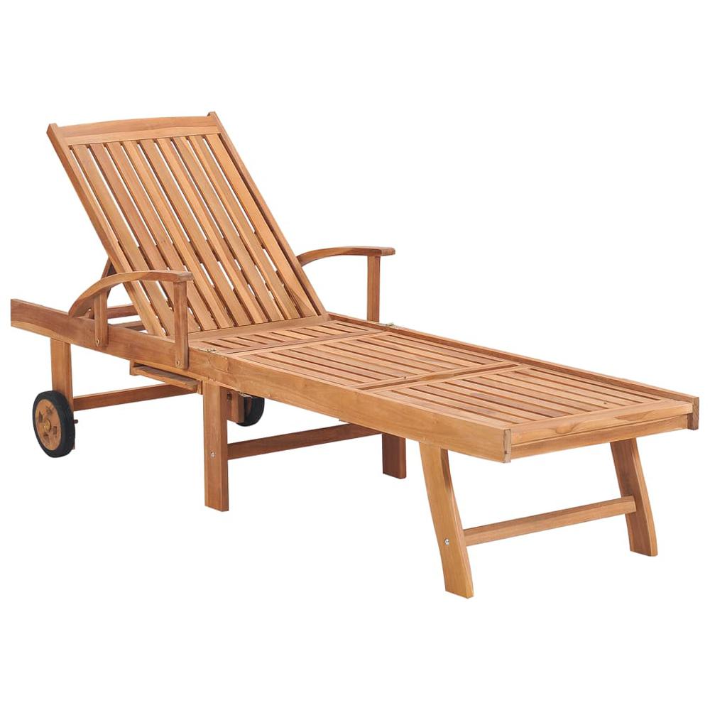 Sun Lounger with Wine Red Cushion Solid Teak Wood. Picture 1