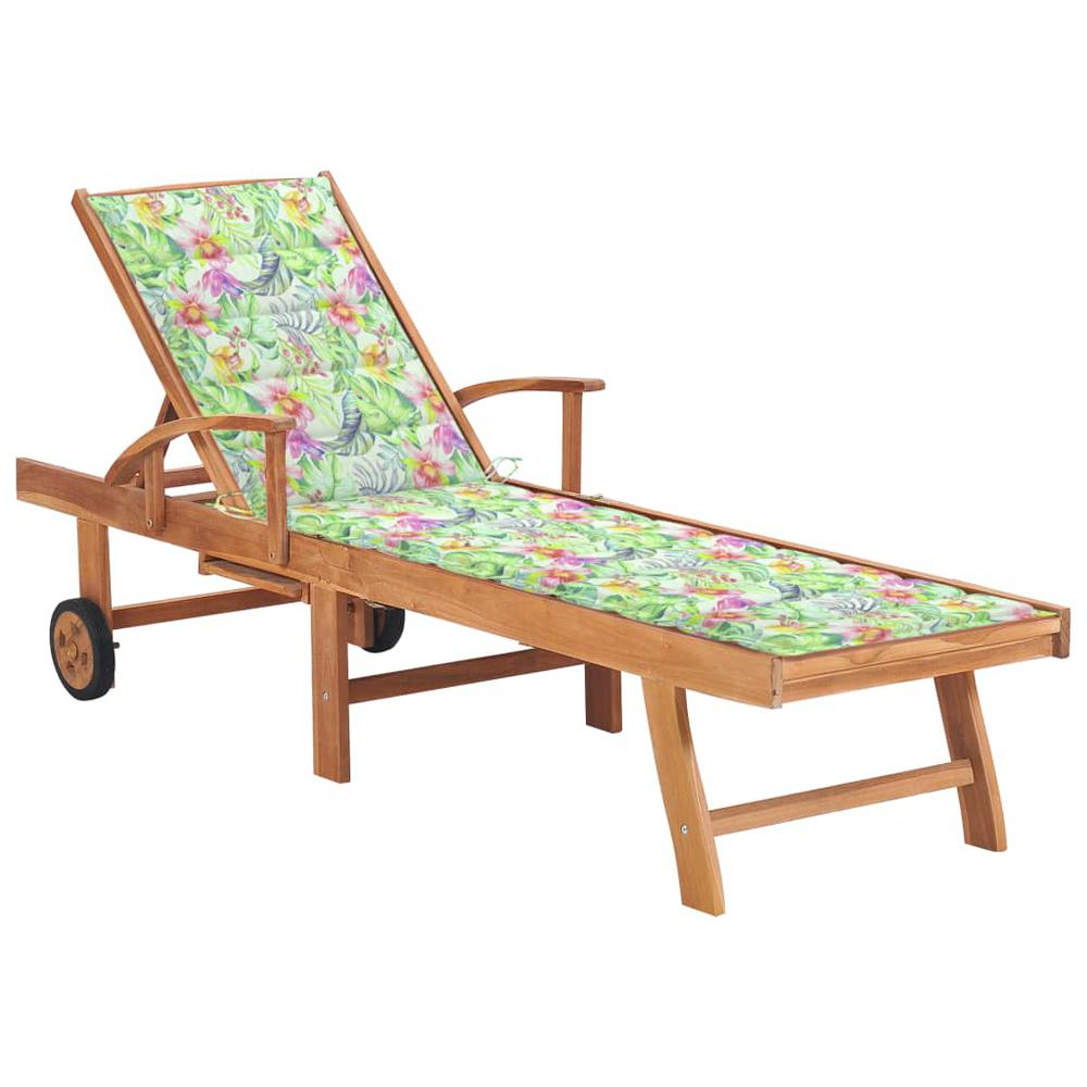 Sun Lounger with Leaf Pattern Cushion Solid Teak Wood. Picture 12