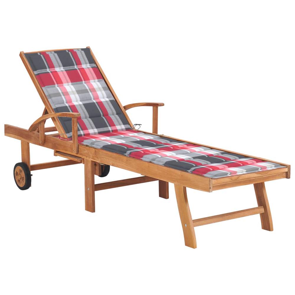 Sun Lounger with Red Check Pattern Cushion Solid Teak Wood. Picture 12