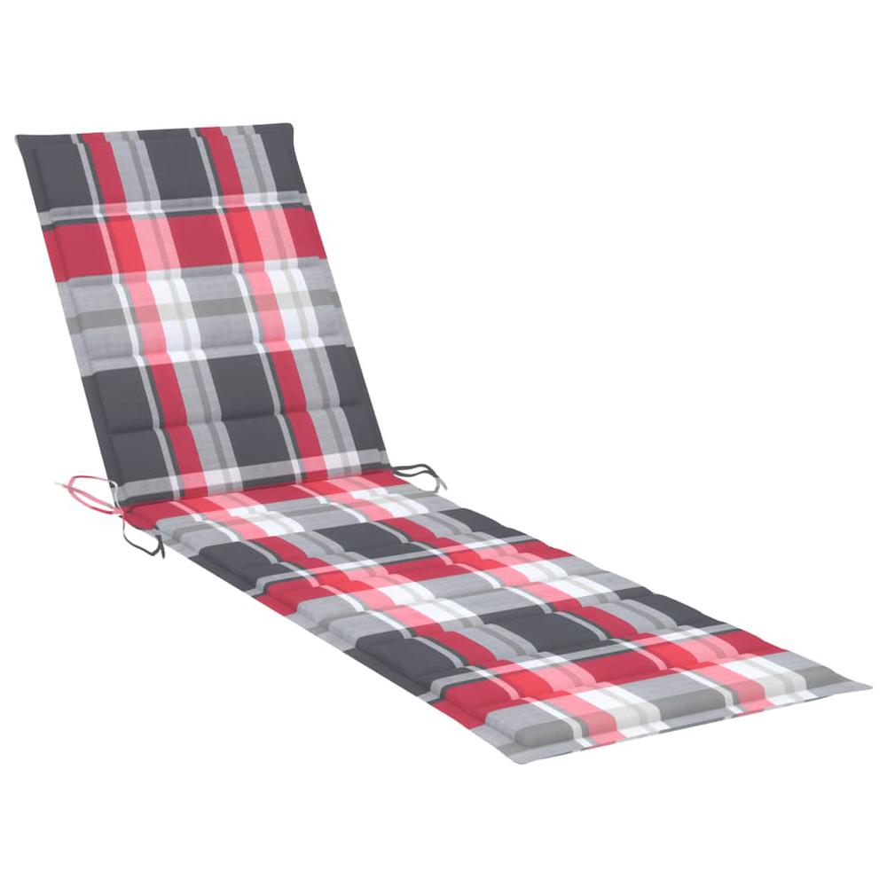 Sun Lounger with Red Check Pattern Cushion Solid Teak Wood. Picture 9