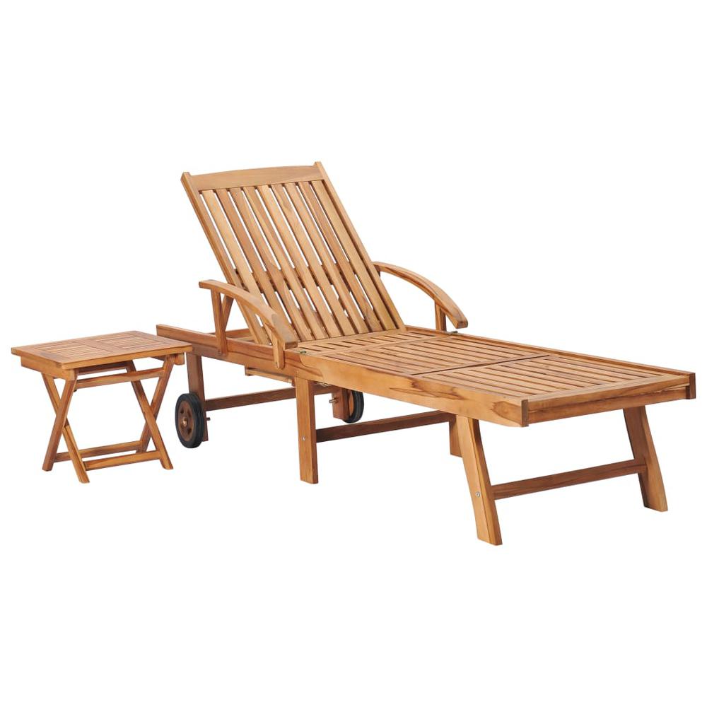Sun Lounger with Table and Cushion Solid Teak Wood. Picture 2