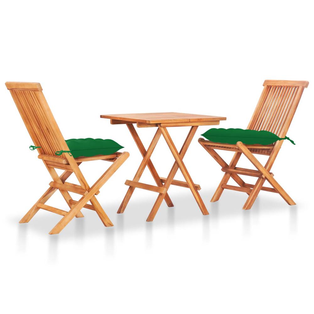 vidaXL 3 Piece Bistro Set with Green Cushions Solid Teak Wood 3245. Picture 1