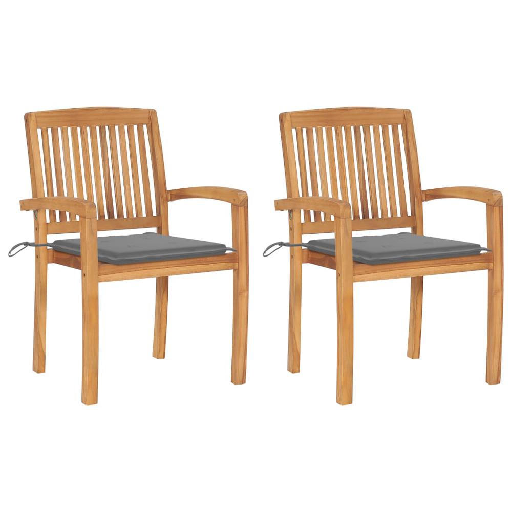 Patio Chairs 2 pcs with Gray Cushions Solid Teak Wood. Picture 12