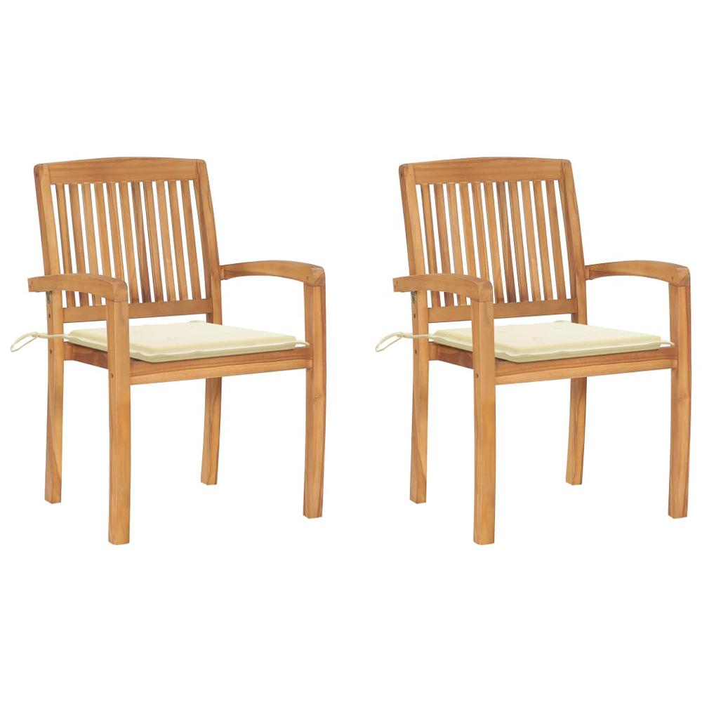 Patio Chairs 2 pcs with Cream Cushions Solid Teak Wood. Picture 12