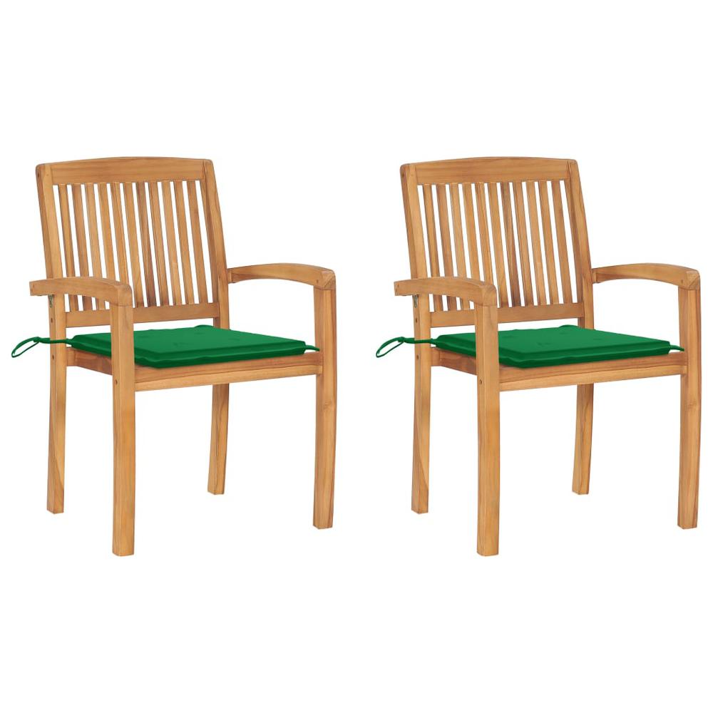 Patio Chairs 2 pcs with Green Cushions Solid Teak Wood. Picture 12