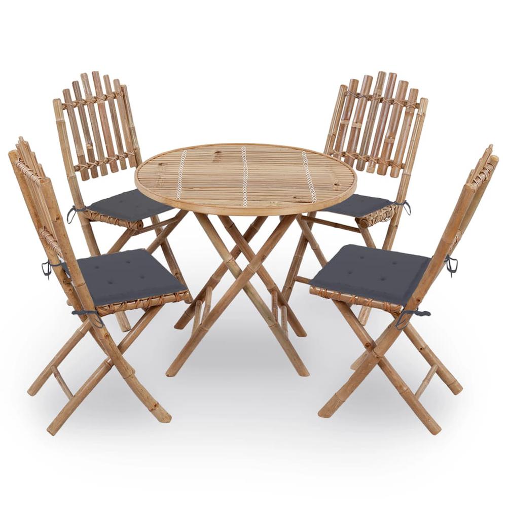 5 Piece Folding Patio Dining Set with Cushions Bamboo. Picture 12
