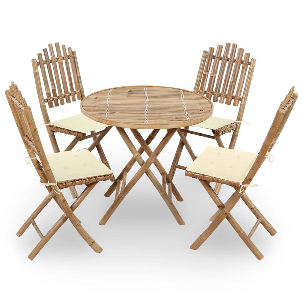 5 Piece Folding Patio Dining Set with Cushions Bamboo. Picture 12