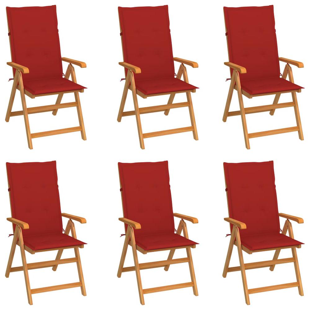 Patio Chairs 6 pcs with Red Cushions Solid Teak Wood. Picture 11