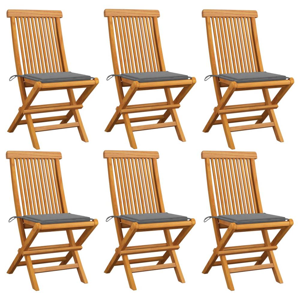 Patio Chairs with Gray Cushions 6 pcs Solid Teak Wood. Picture 12