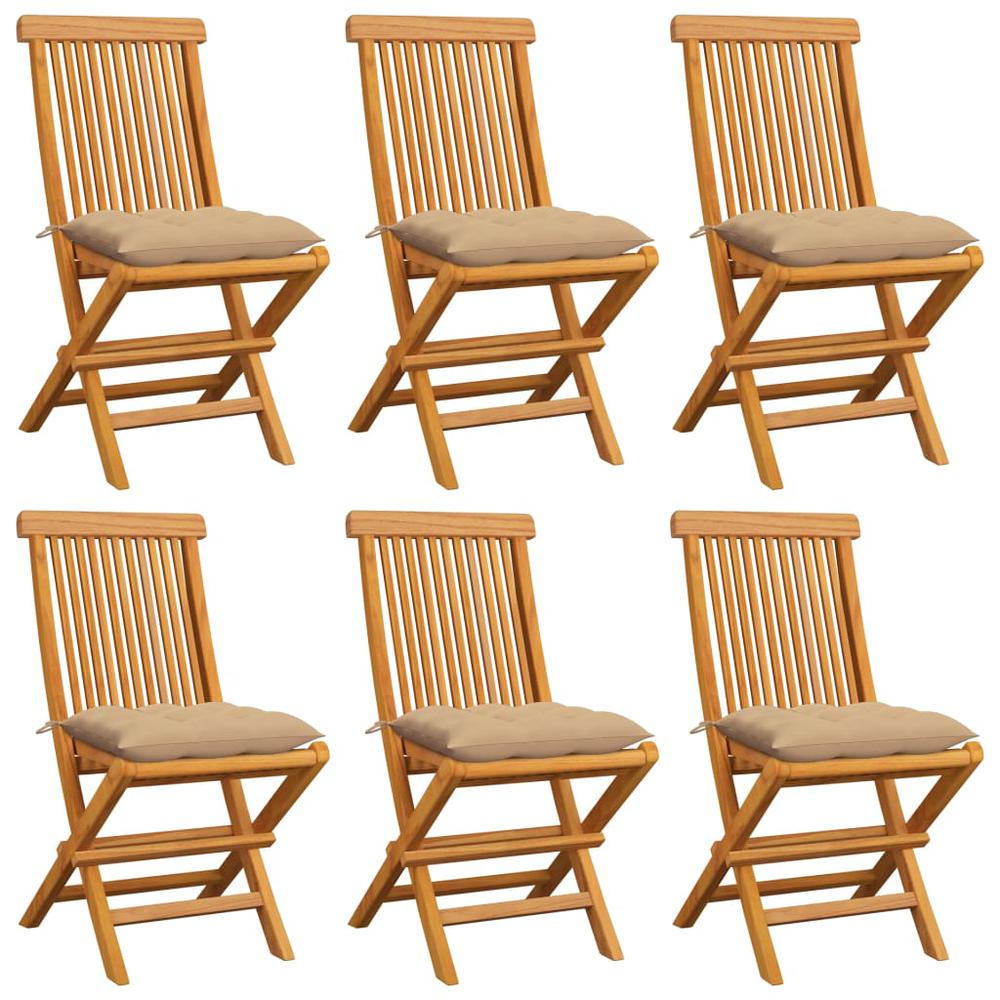 Patio Chairs with Beige Cushions 6 pcs Solid Teak Wood. Picture 12