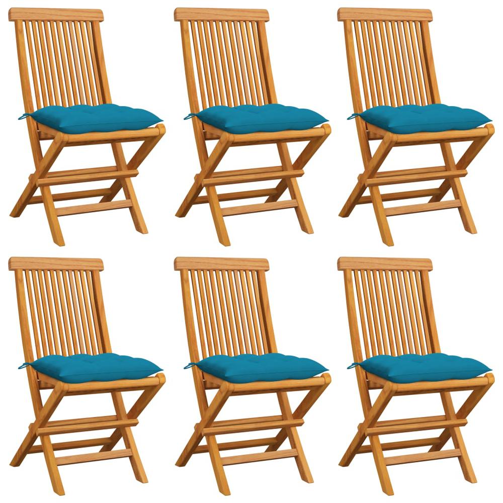 Patio Chairs with Light Blue Cushions 6 pcs Solid Teak Wood. Picture 12