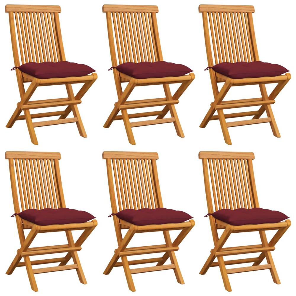 Patio Chairs with Wine Red Cushions 6 pcs Solid Teak Wood. Picture 12