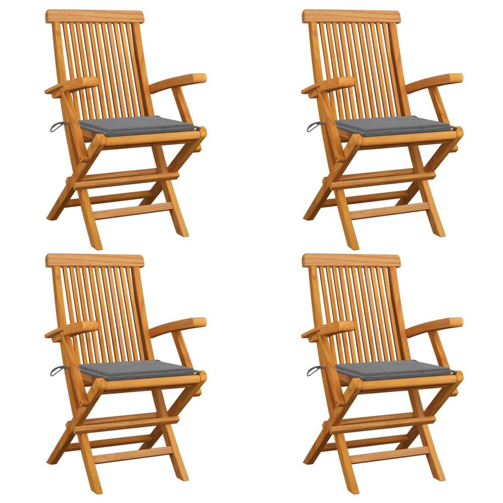 vidaXL Garden Chairs with Gray Cushions 4 pcs Solid Teak Wood, 3065618. Picture 1