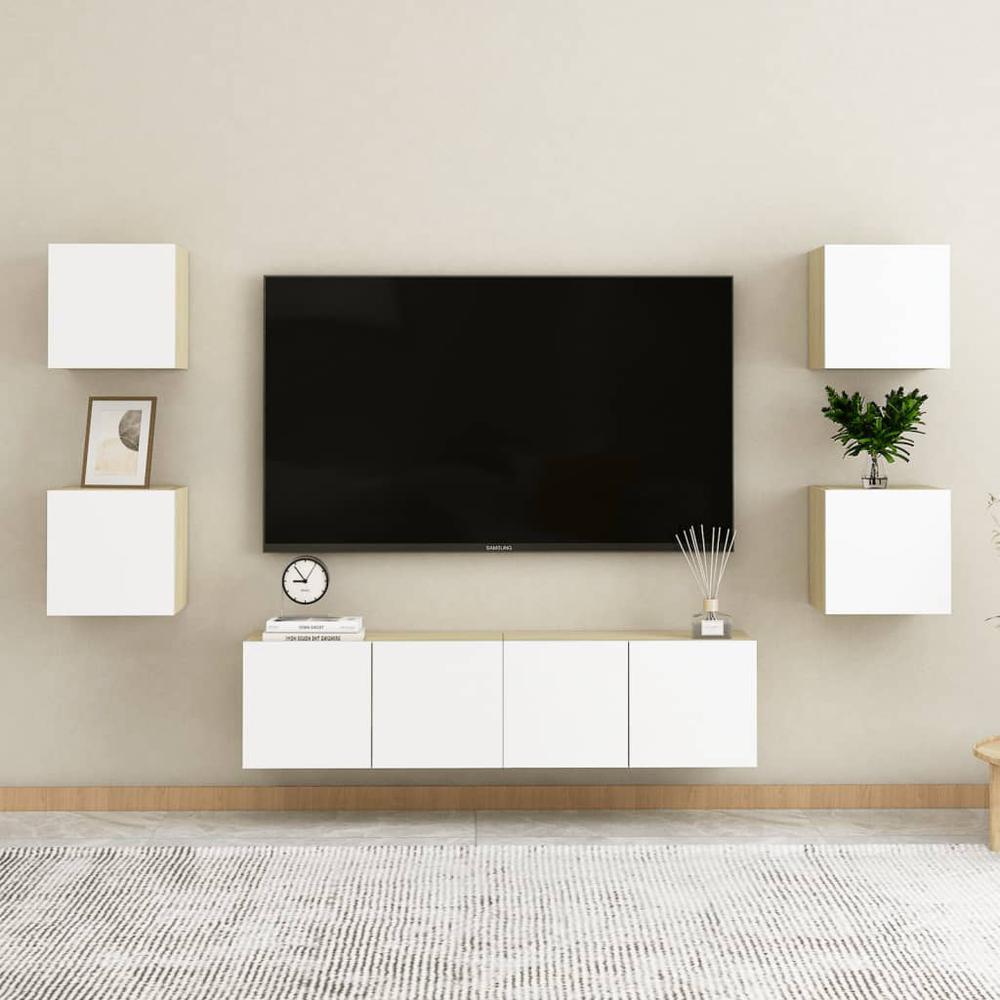 vidaXL Wall Mounted TV Cabinets 2 pcs White and Sonoma Oak 12"x11.8"x11.8". Picture 6