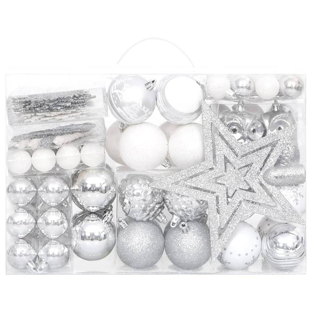 108 Piece Christmas Bauble Set Silver and White. Picture 2