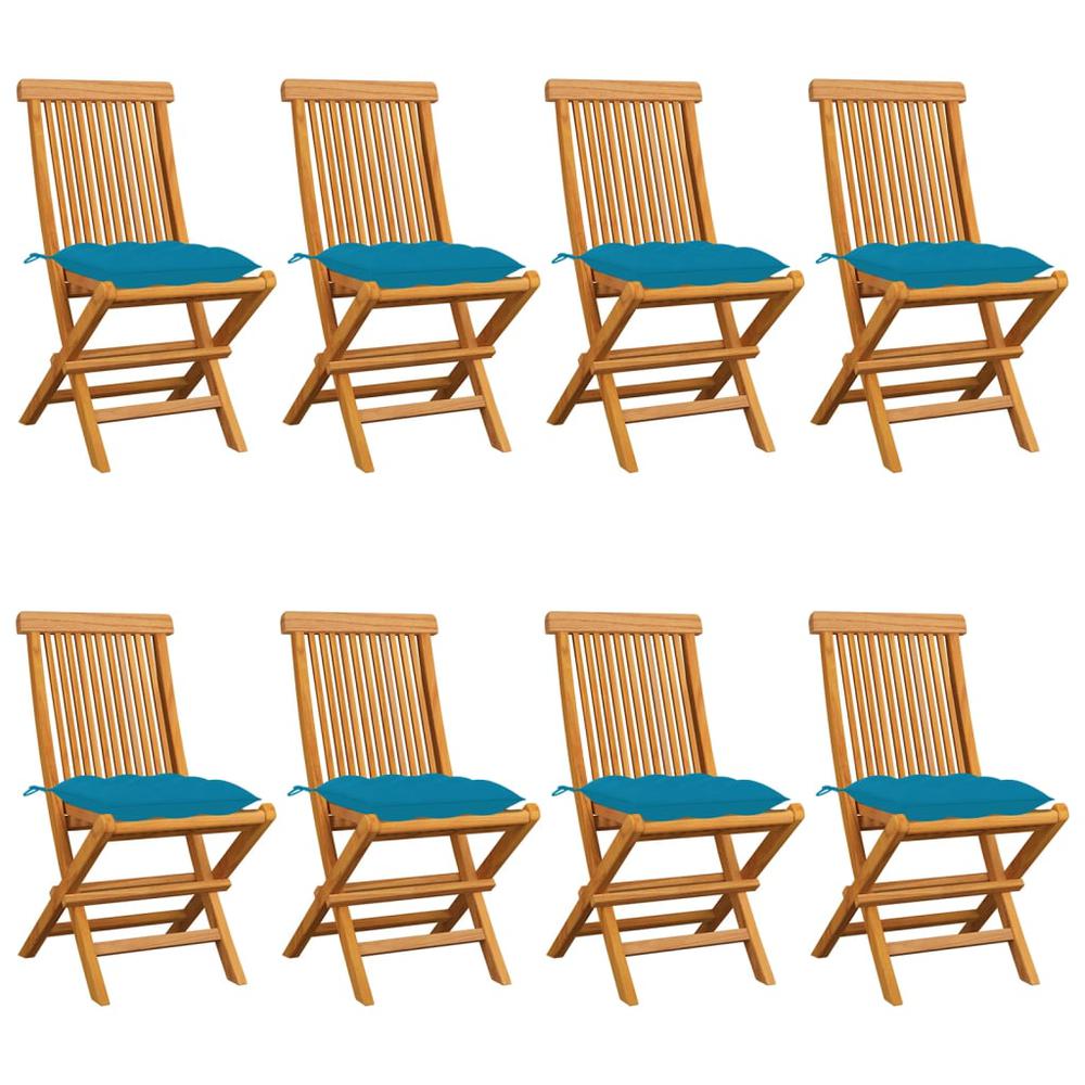 Patio Chairs with Light Blue Cushions 8 pcs Solid Teak Wood. Picture 12