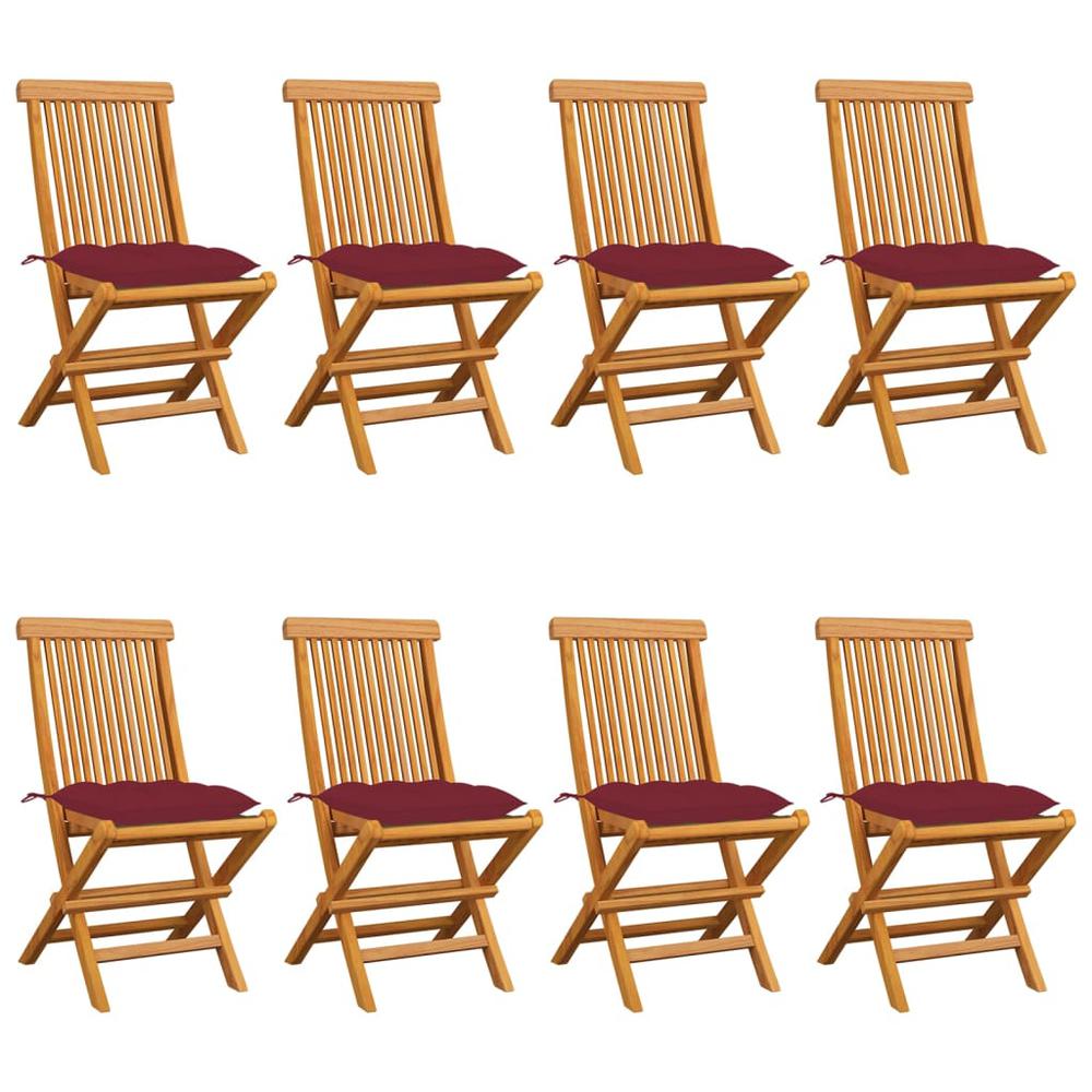 Patio Chairs with Wine Red Cushions 8 pcs Solid Teak Wood. Picture 12