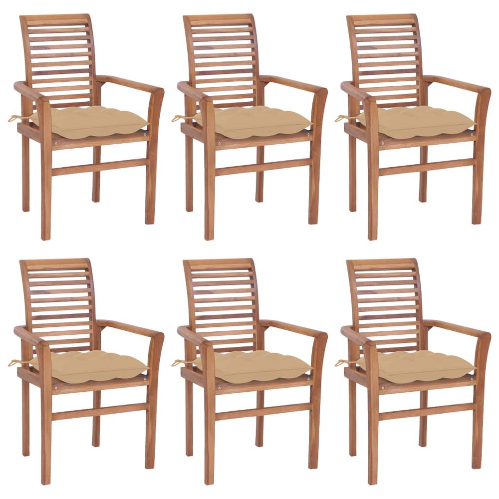 Dining Chairs 6 pcs with Beige Cushions Solid Teak Wood. Picture 12