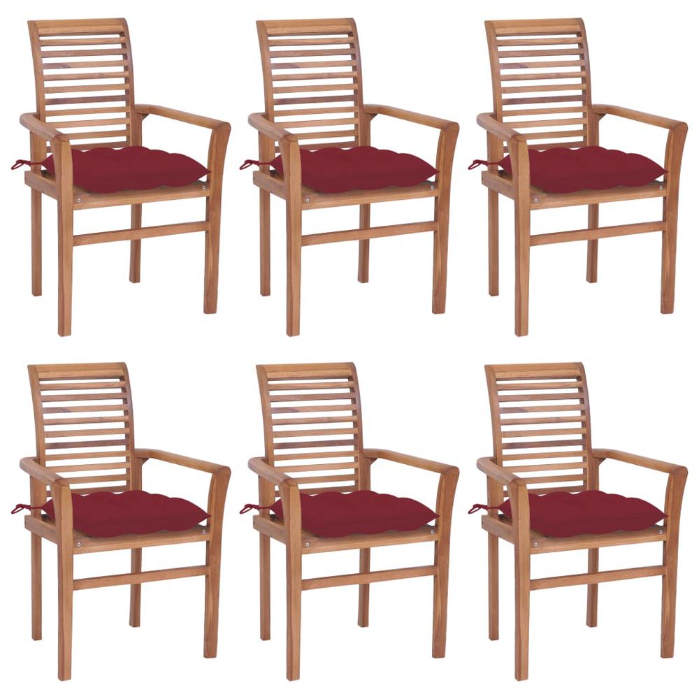Dining Chairs 6 pcs with Wine Red Cushions Solid Teak Wood. Picture 12