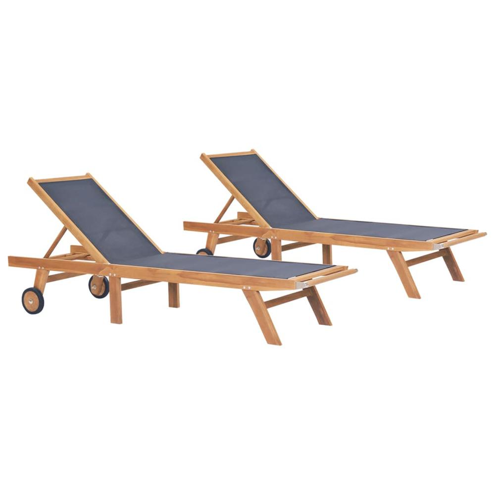 vidaXL Folding Sun Loungers with Wheels 2 pcs Solid Teak and Textilene 3000. Picture 1
