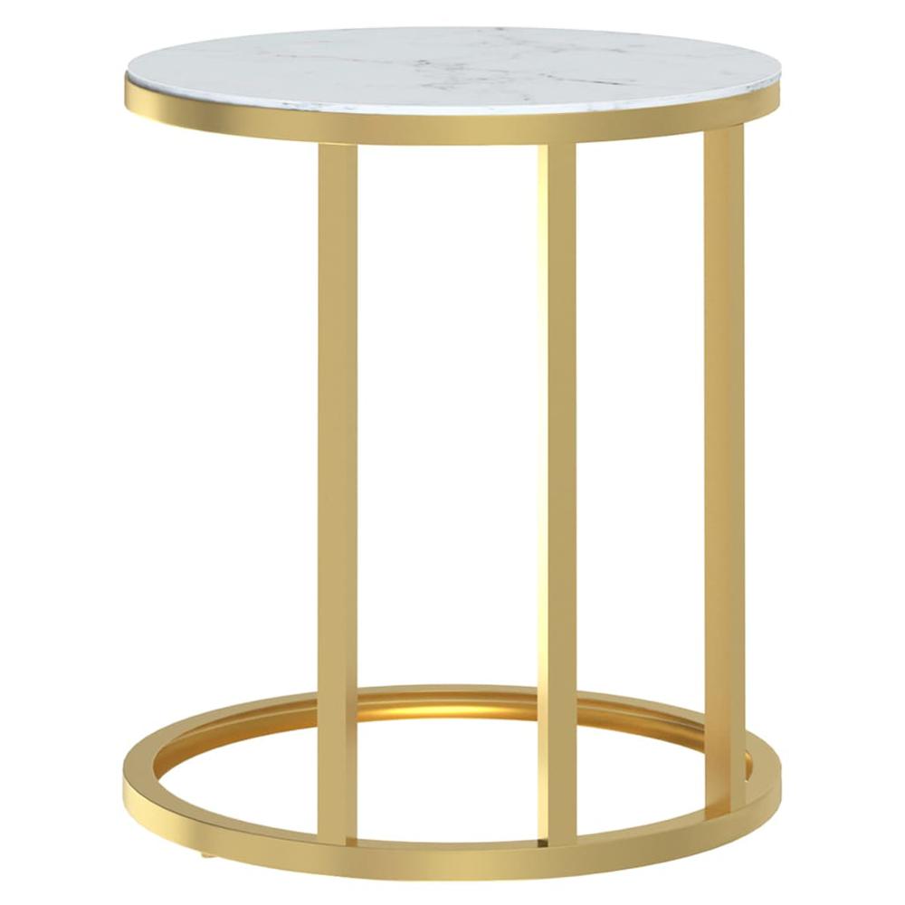 Side Table Gold and White Marble 17.7" Tempered Glass. Picture 3