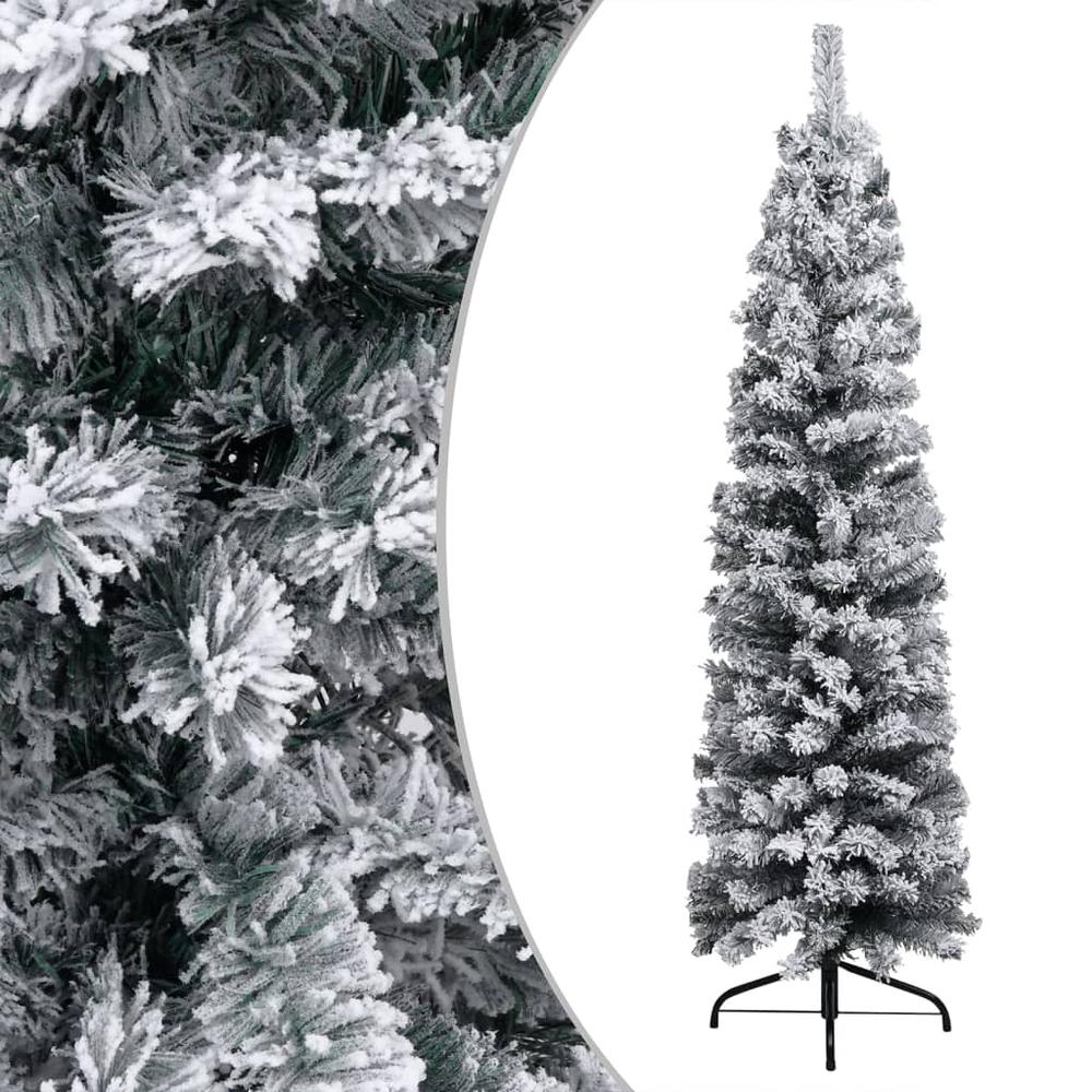 Slim Pre-lit Christmas Tree with Flocked Snow Green 59.1" PVC. Picture 1