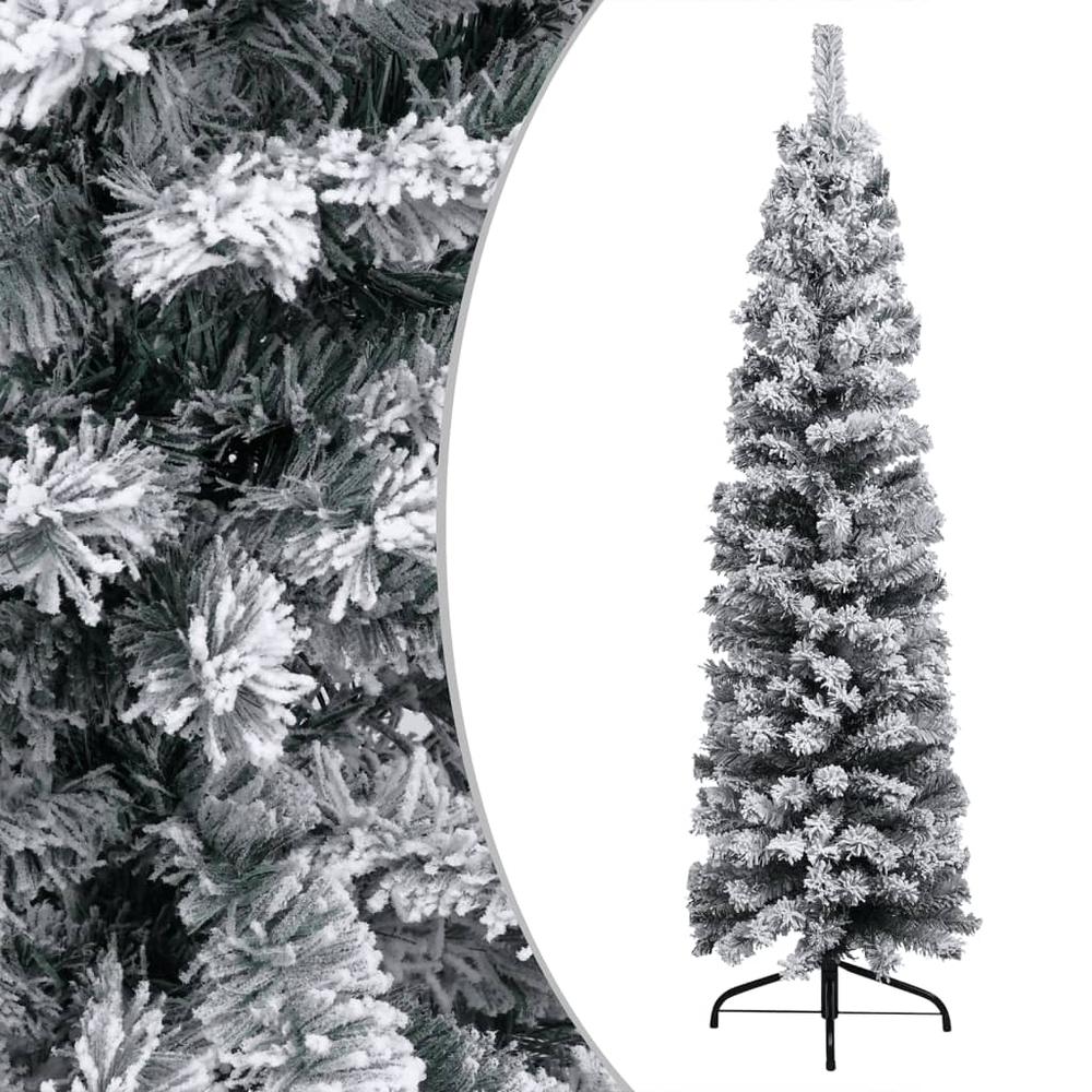Slim Pre-lit Christmas Tree with Flocked Snow Green 70.9" PVC. Picture 1