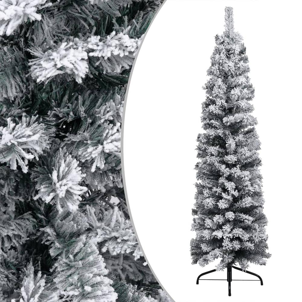 Slim Pre-lit Christmas Tree with Flocked Snow Green 82.7" PVC. Picture 1