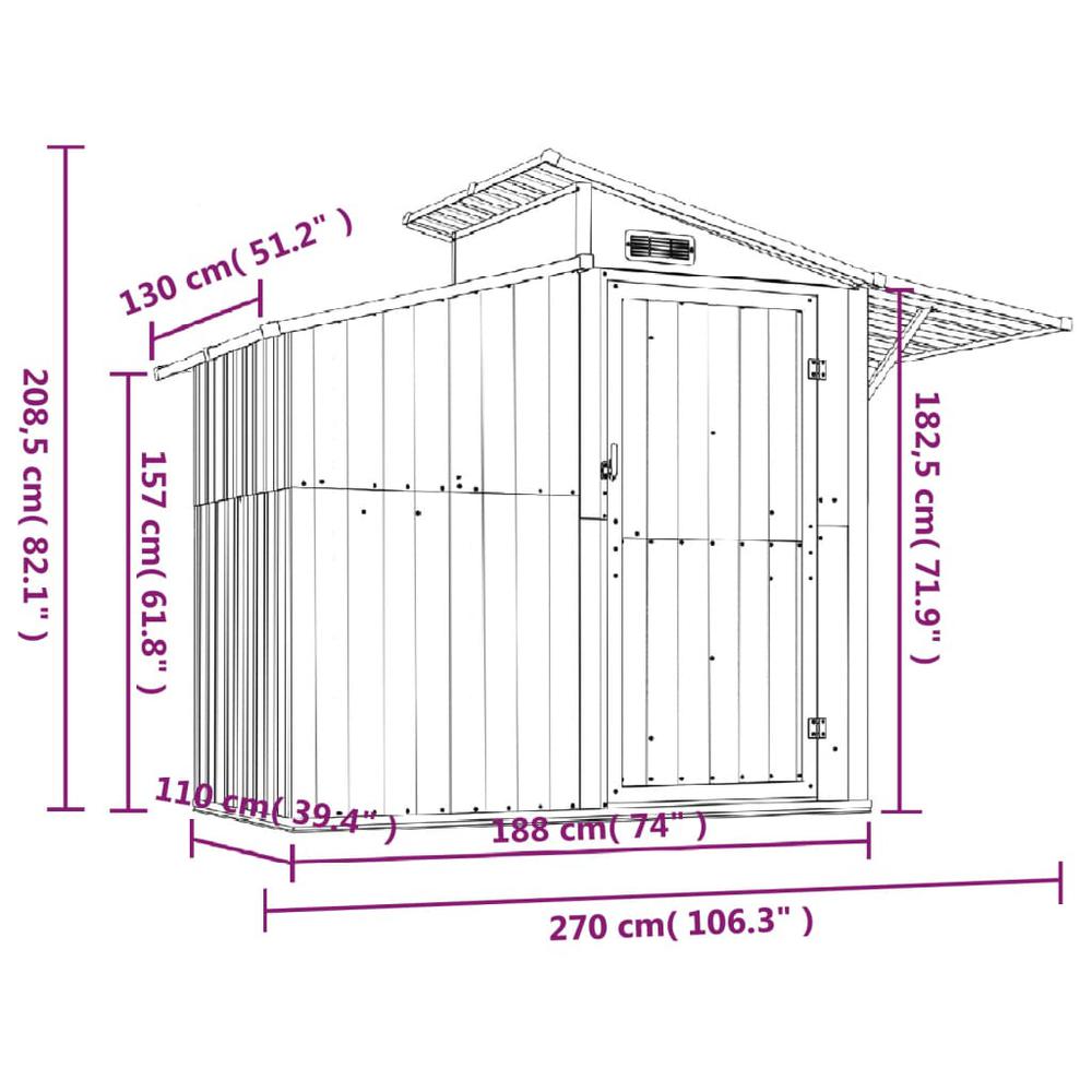 Garden Shed Gray 106.3"x51.2"x82.1" Galvanized Steel. Picture 6