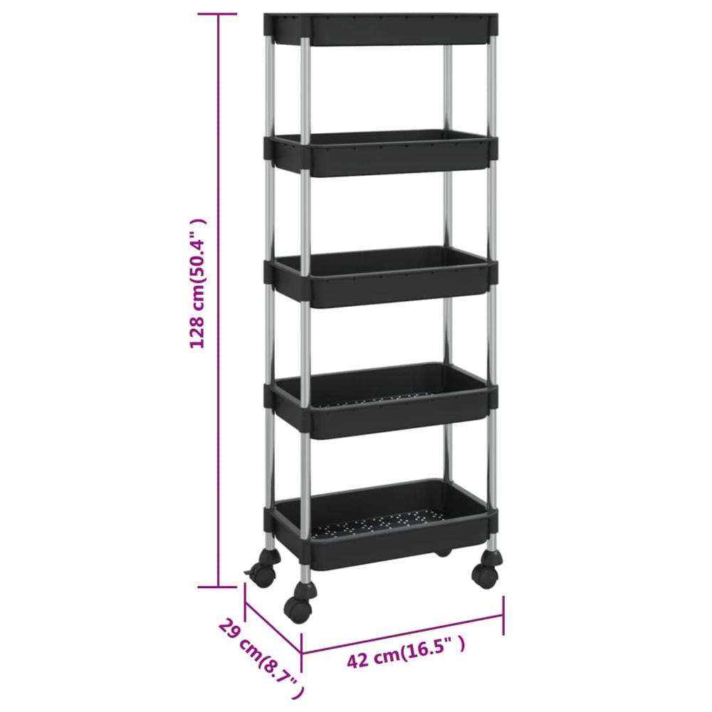 5-Tier Kitchen Trolley Black 16.5"x11.4"x50.4" Iron and ABS. Picture 6