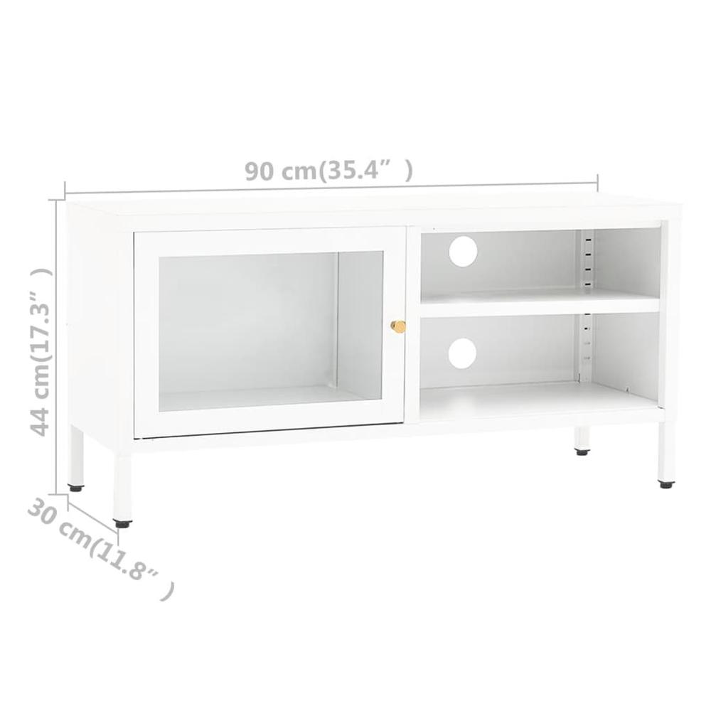 vidaXL TV Cabinet White 35.4"x11.8"x17.3" Steel and Glass. Picture 10