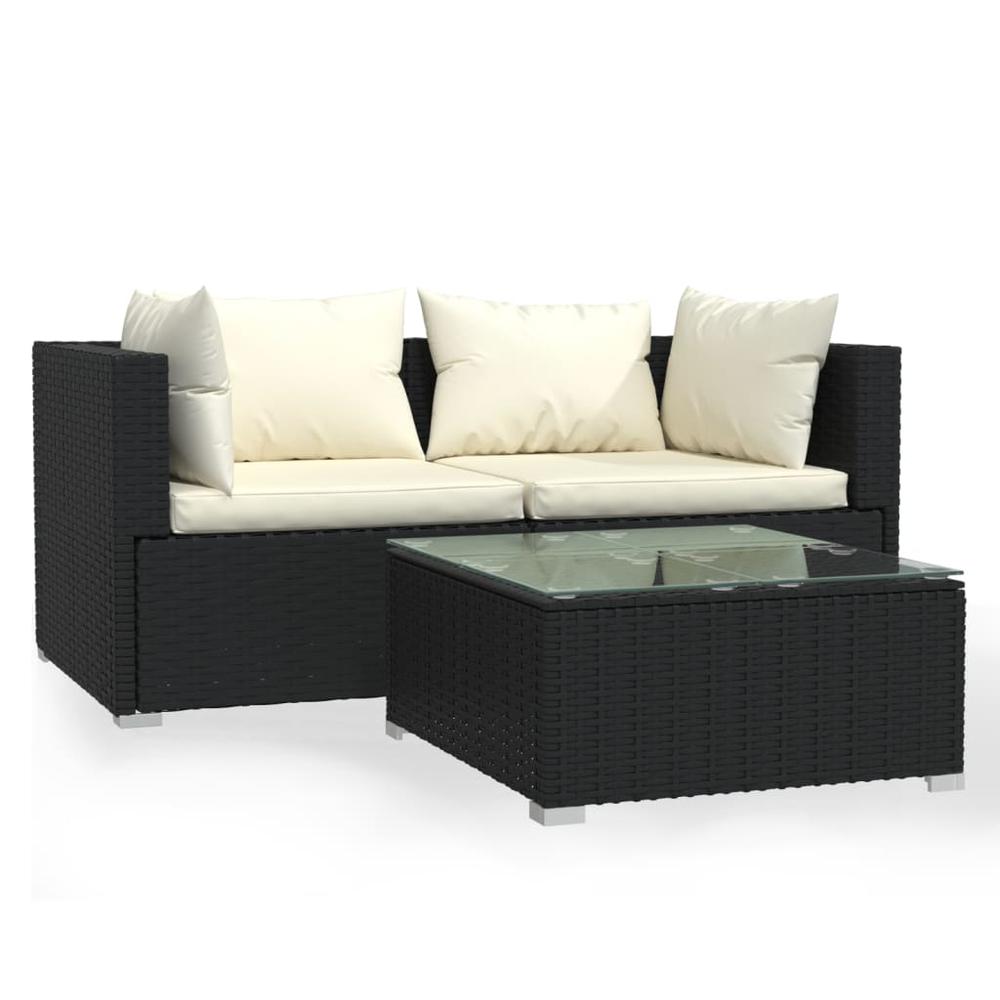 Patio Furniture Set 3 Piece with Cushions Black Poly Rattan. Picture 1