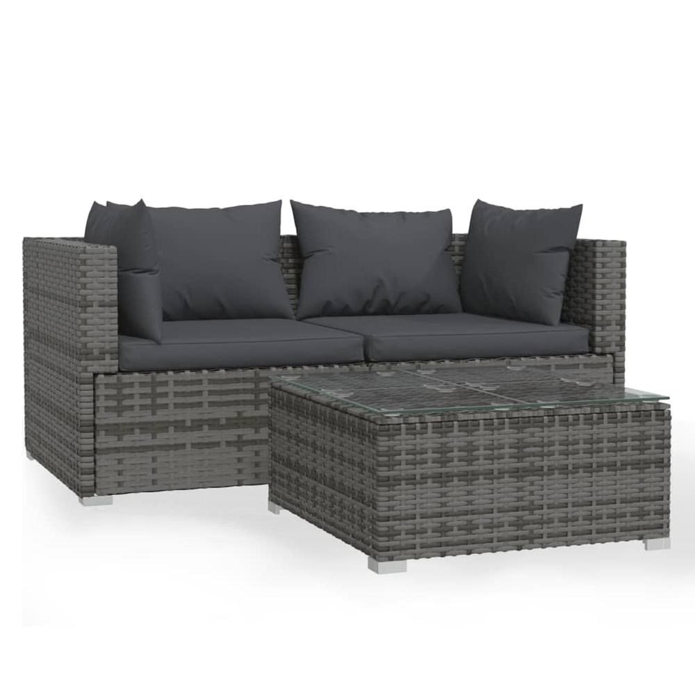 Patio Furniture Set 3 Piece with Cushions Gray Poly Rattan. Picture 1