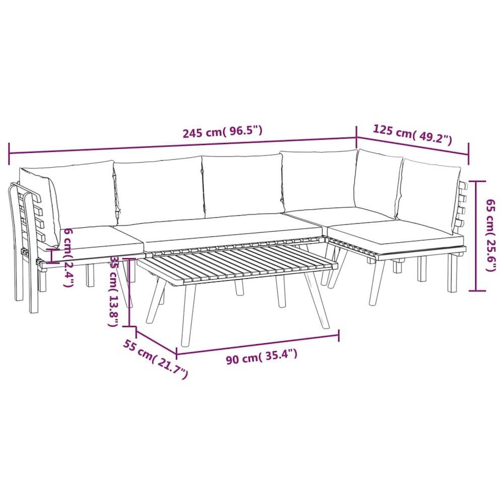 vidaXL 5 Piece Patio Lounge Set with Cushions Solid Acacia Wood, 3087011. Picture 12